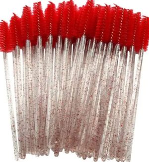 KIT ESCOVINHA DE CILIOS DESCARTAVEL COM GLITTER VERMELHA 50 UNIDADE